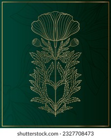 Floral poppy flower in art nouveau 1920-1930. Hand drawn tulip in a linear style with weaves of lines, leaves and flowers. Vector illustration.