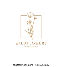 Floral Poppy Label For Package. Wildflower Linear Logo Sketch. Floral Frame Emblem For Wedding, Photographer Brand, Design. Outline Vintage Hand Drawn Herbs. Vector Illustration Isolated On Background