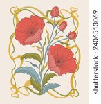 Floral poppy plant in art nouveau 1920-1930. Hand drawn poppy with weaves of lines, leaves and flowers. Vector illustration.