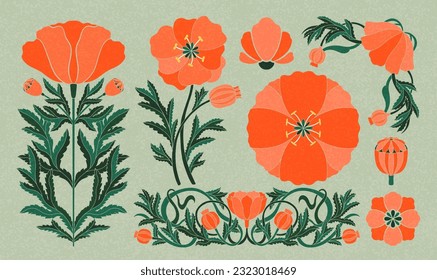 Floral poppy plant in art nouveau 1920-1930. Hand drawn in a linear style with weaves of lines, leaves and flowers. Vector illustration.