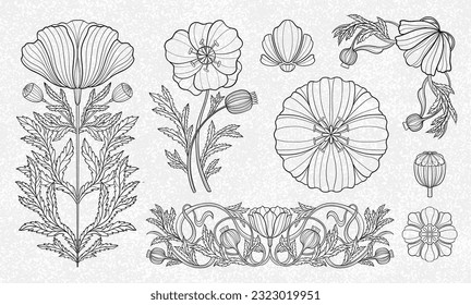 Floral poppy plant in art nouveau 1920-1930. Hand drawn poppy in a linear style with weaves of lines, leaves and flowers. Vector illustration.