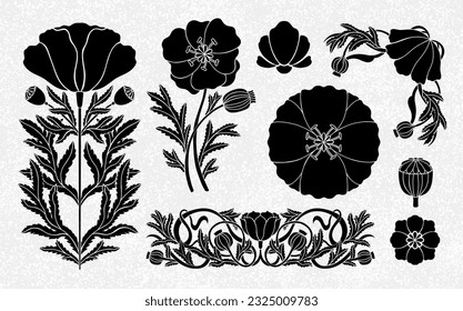 Floral poppy plant in art nouveau 1920-1930. Hand drawn in a linear art nouveau style with weaves of lines, leaves and flowers. Vector illustration.