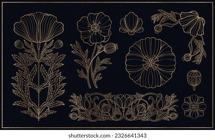 Floral poppy plant in art nouveau 1920-1930. Hand drawn poppy in a linear style with weaves of lines, leaves and flowers. Vector illustration.