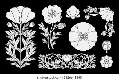 Floral poppy plant in art nouveau 1920-1930. Hand drawn poppy in a linear style with weaves of lines, leaves and flowers. Vector illustration.