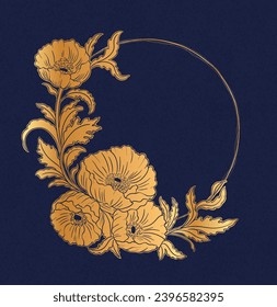 Floral poppy plant in art nouveau 1920-1930. Hand drawn with weaves of lines, leaves and flowers. Vector illustration.