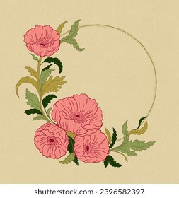 Floral poppy plant in art nouveau 1920-1930. Hand drawn with weaves of lines, leaves and flowers. Vector illustration.