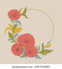 Floral poppy plant in art nouveau 1920-1930. Hand drawn with weaves of lines, leaves and flowers. Vector illustration.