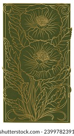 Floral poppy plant in art nouveau 1920-1930. Hand drawn with weaves of lines, leaves and flowers. Vector illustration.