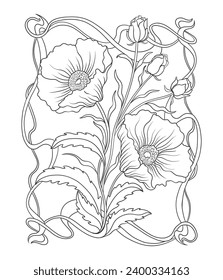 Floral poppy plant in art nouveau 1920-1930. Hand drawn poppy with weaves of lines, leaves and flowers. Vector illustration.