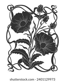 Floral poppy plant in art nouveau 1920-1930. Hand drawn poppy with weaves of lines, leaves and flowers. Vector illustration.