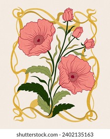 Floral poppy plant in art nouveau 1920-1930. Hand drawn poppy with weaves of lines, leaves and flowers. Vector illustration.