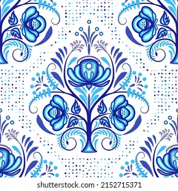 Floral porcelain texture blue seamless pattern with flowers. Style of cobalt painting on Ceramic Background. Ornament for wallpaper, pattern fills, packaging page, surface textures Vector illustration