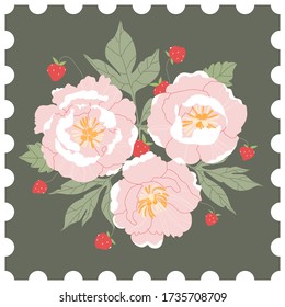 Floral post stamp. Pink peonies and wild strawberries bouquet on a green background. Hand-drawn greeting card design in style of a post stamp. Modern vector illustration for web and print. 