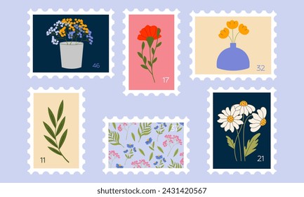 Floral Postage stamps set vector flat illustration. Stickers, Post Mark, post stamp designs.	