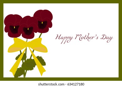 Floral postcard with green frame and dark red Pansies flowers for Mother's Day, vector, eps 10
