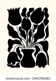 Floral poster in black and white abstract art print, tulip leaf elements retro groovy vector background for prints.