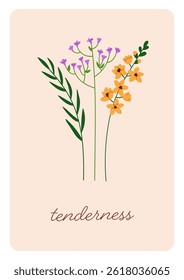 Floral poster, botanical card design. Field and meadow wildflowers on tender stems. Natural herbs, flowers, blooming plant branches, leaves on framed background, cover. Flat vector illustration