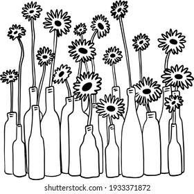 floral poster coloring flowers in a bottle art style line black and white print on postcard flowers nature botanical elements bouquet spring mood happy valentine's day happy birthday