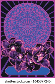 Floral Poster, Cover Template, Psychedelic Color Ornate Background 1960s, 1970s Hippie Style 