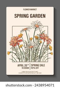 Floral poster for flower market. Vector illustration of wildflowers, leaves, grass. Flower shop, spring concept. Camomile flowers.