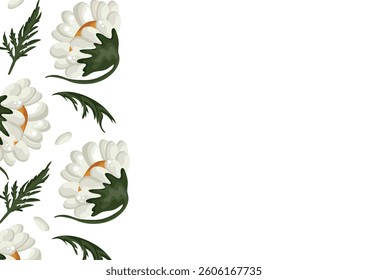 floral poster with half-closed buds of a large white daisy and green leaves placed on the side