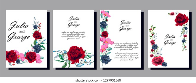 Floral poster, invite. Vector decorative greeting card or invitation design background. Set of cards with flower dew, leaves. The concept of wedding ornament.