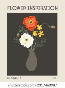 Floral poster, poppies and wild flowers bouquet in vase. Vintage magazine cover style, fashion print vector design