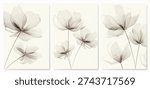 Floral poster set featuring transparent beige flowers in a watercolor style. Botanical vector backgrounds for decor, covers, prints, banners, packaging, and textiles.