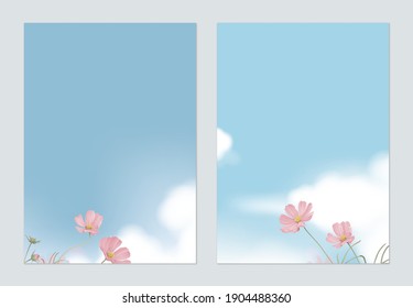 Floral poster template design, pink cosmos flowers with blue sky and cloud