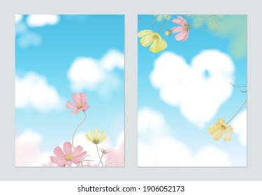 Floral poster template design, pink and yellow cosmos flowers with blue sky and cloud