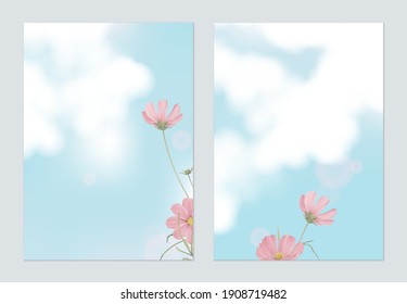 Floral poster template design, pink cosmos flowers with blue sky and cloud