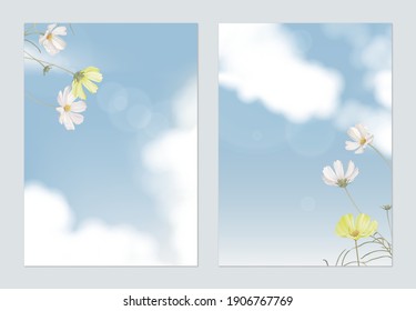 Floral poster template design, white and yellow cosmos flowers with blue sky and cloud