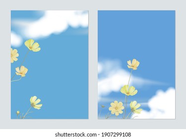 Floral poster template design, yellow cosmos flowers with blue sky and cloud