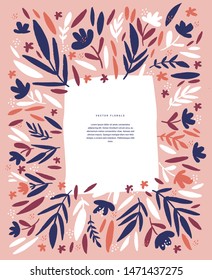 Floral poster vector design idea. Frame with hand drawn twigs, leaves and flowers on soft pink background. Vintage border for text. Holiday invitation, greeting card scandinavian style template