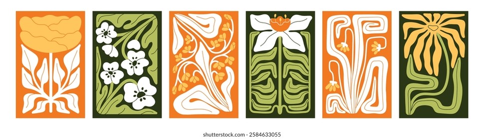 Floral posters with abstract flowers set. Designs of cards with deformed shape wildflowers. Bloom meadow plants with crooked stems, distorted leaves on modern wall art. Flat vector illustrations