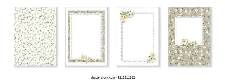 Floral posters, banners, greeting card - camomiles. Festive compositions with wild flowers and textures. Vector illustration.