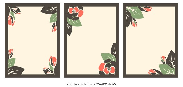 Floral posters. Flower cards set. Trendy botanical design with  flowers, blossom, leaves. Modern templates with bloom, rose, bud. Vector illustration for background, card, print, invitation