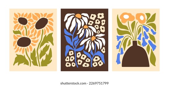 Floral posters set. Abstract spring floral plants, gorgeous bouquets, modern botanical cards. Contemporary interior wall arts, blooming sunflowers, chamomiles. Colored flat vector illustrations