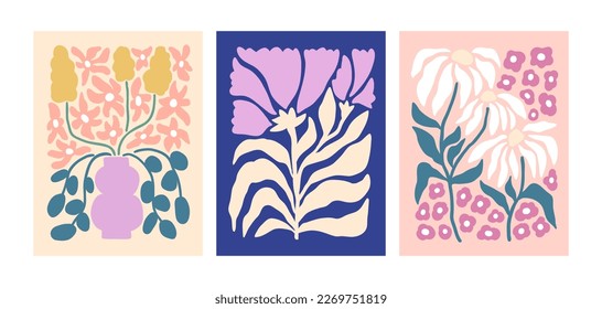 Floral posters set. Abstract spring blossomed flowers, interior wall arts. Trendy botanical vertical cards in modern style. Contemporary decoration with blooming plants. Flat vector illustrations