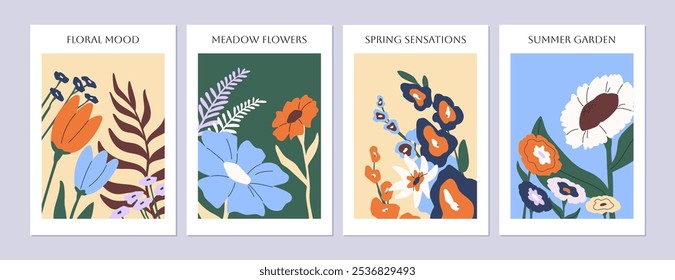 Floral posters set. Botanical cards with bouquets of wildflowers. Branches of wild blooming plants. Compositions of meadow flowers and leaves. Wall art, interior decoration. Flat vector illustrations