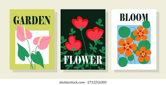 Conjunto de carteles florales. Postales con flores rojas y rosadas. Florecer y florecer las plantas. Jardinería y horticultura, floricultura. Colección de Vector plana aislada sobre fondo amarillo