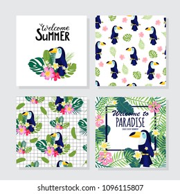 Floral posters set in a tropical style with exotic leaves, toucan, flowers. Can be used for cards, posters, invitations, flyers. Vector illustration