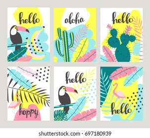 Floral posters set in a tropical style with exotic leaves, toucan, pineapple, flamingos. Can be used for cards, posters, invitations, flyers. Vector illustration