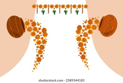  floral pot, indian wedding decor on transparent background. theme mehndi and haldi. Flat vector hand drawn cartoon illustration.	
