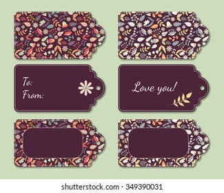 Floral present tags. Holiday gift cards for romantic evening, bouquet, candies, toys. Decoration with flowers and leaves. Vector illustration.