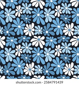 Floral Print with Big Blue White Flowers. Seamless Pattern with Chamomile Flowers on Black Background. Summer Flowers. Sample can be used for Fabric, Cover, Mugs, Wrapping Paper. Vector Illustration