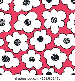 Floral Print with Big White Black Flowers. Seamless Pattern with Decorative Flowers with Different Centers on Red Background. Sample can be used for Fabric, Cover, Mugs. Vector Illustration