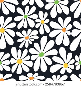 Floral Print with Big White Flowers. Seamless Pattern with Chamomile on Black Background. Summer Flowers with Multicolored Centers. Sample can be used for Fabric, Cover, Mugs. Vector Illustration