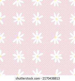 Floral print with chamomile flowers. Seamless pattern with summer white flowers on a pink polka dot background. Vector illustration
