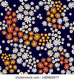 	
Floral print with colorful daisies and chamomiles. Seamless vector pattern with small flowers on black background. Retro textile collection.